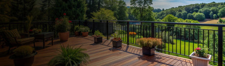 Terrasse en bois avec plantes en pot et vue sur un jardin verdoyant et forêt, mobilier extérieur