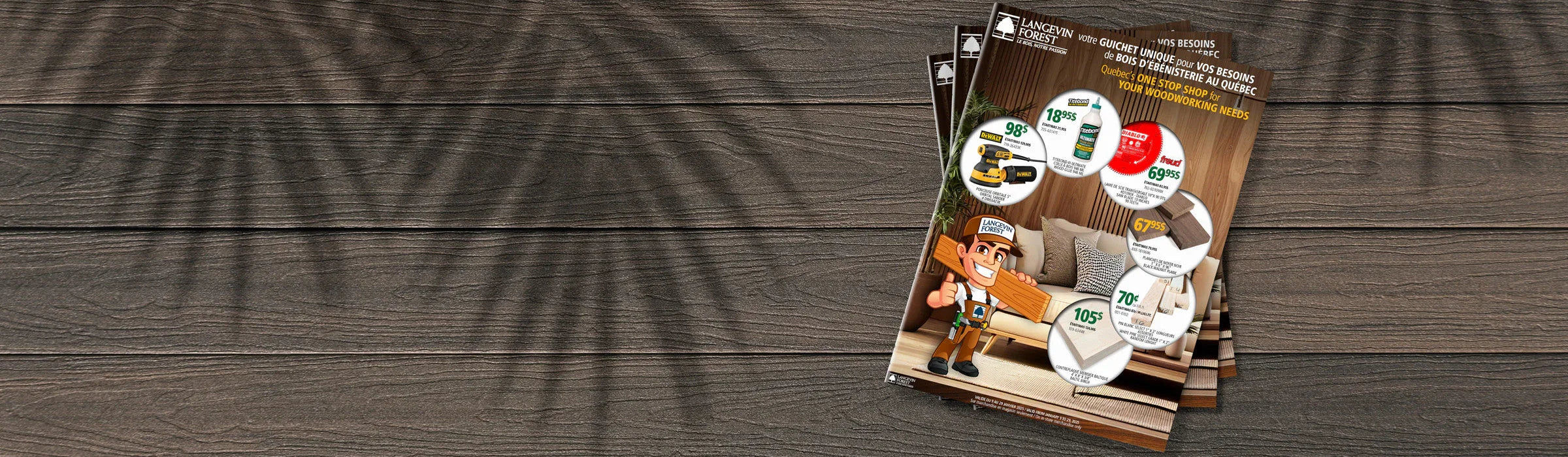Circulaire de produits d’ébénisterie et outils sur fond de lames de bois, promotions affichées