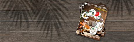 Circulaire de produits d’ébénisterie et outils sur fond de lames de bois, promotions affichées