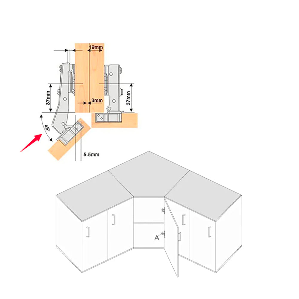 Set of 2 clip-on door hinges 45deg int. Shock absorber