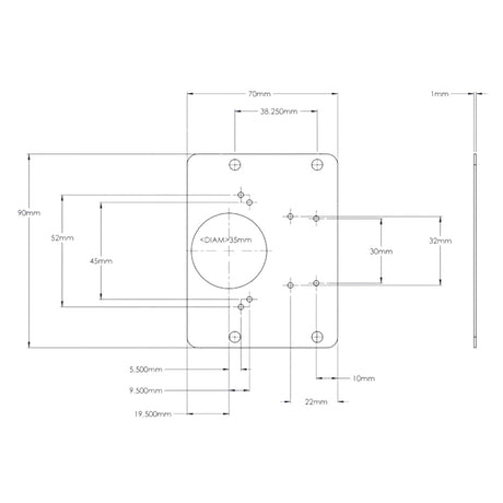Plan technique détaillé avec dimensions en mm pour pièce métallique ou bois, idéal pour ébénisterie ou terrasse