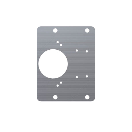 Plaque métallique rectangulaire avec trou central et trous de fixation pour projet d'ébénisterie