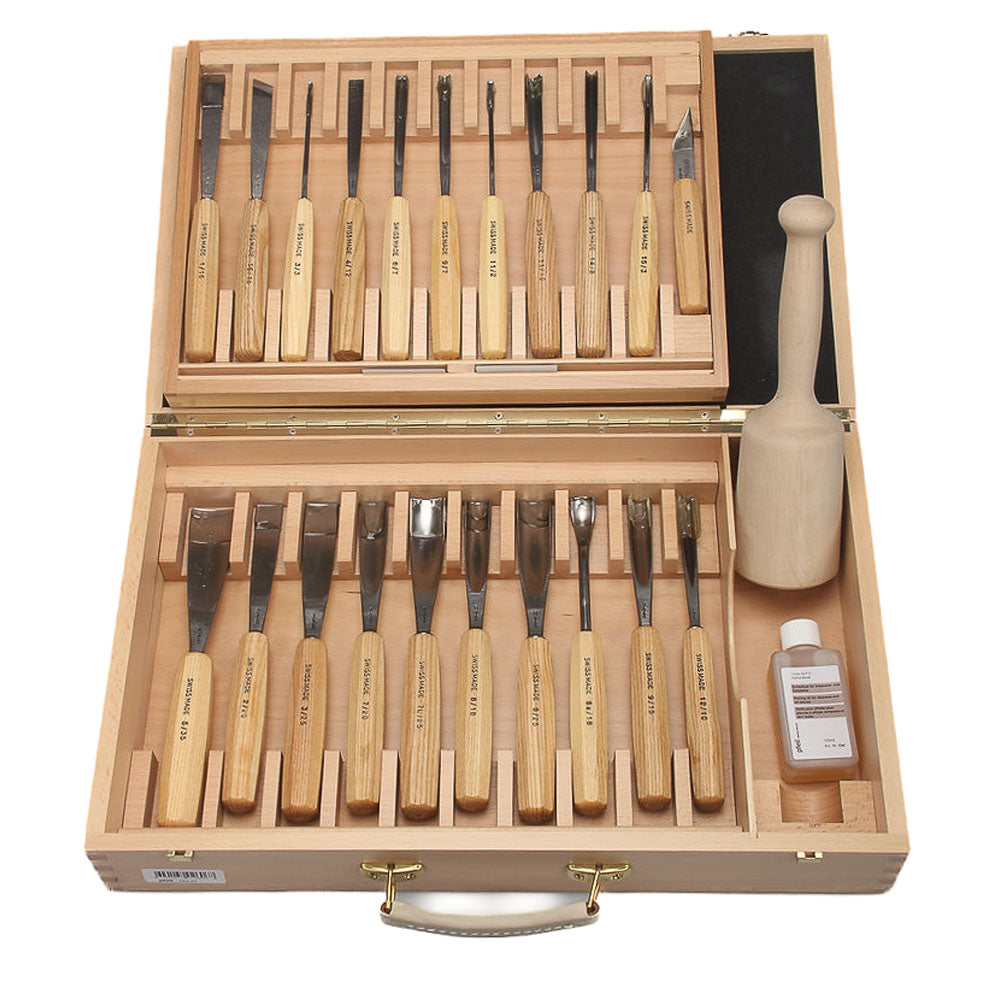 Pfeil 25-piece woodcarving set in wooden box. Swiss Made