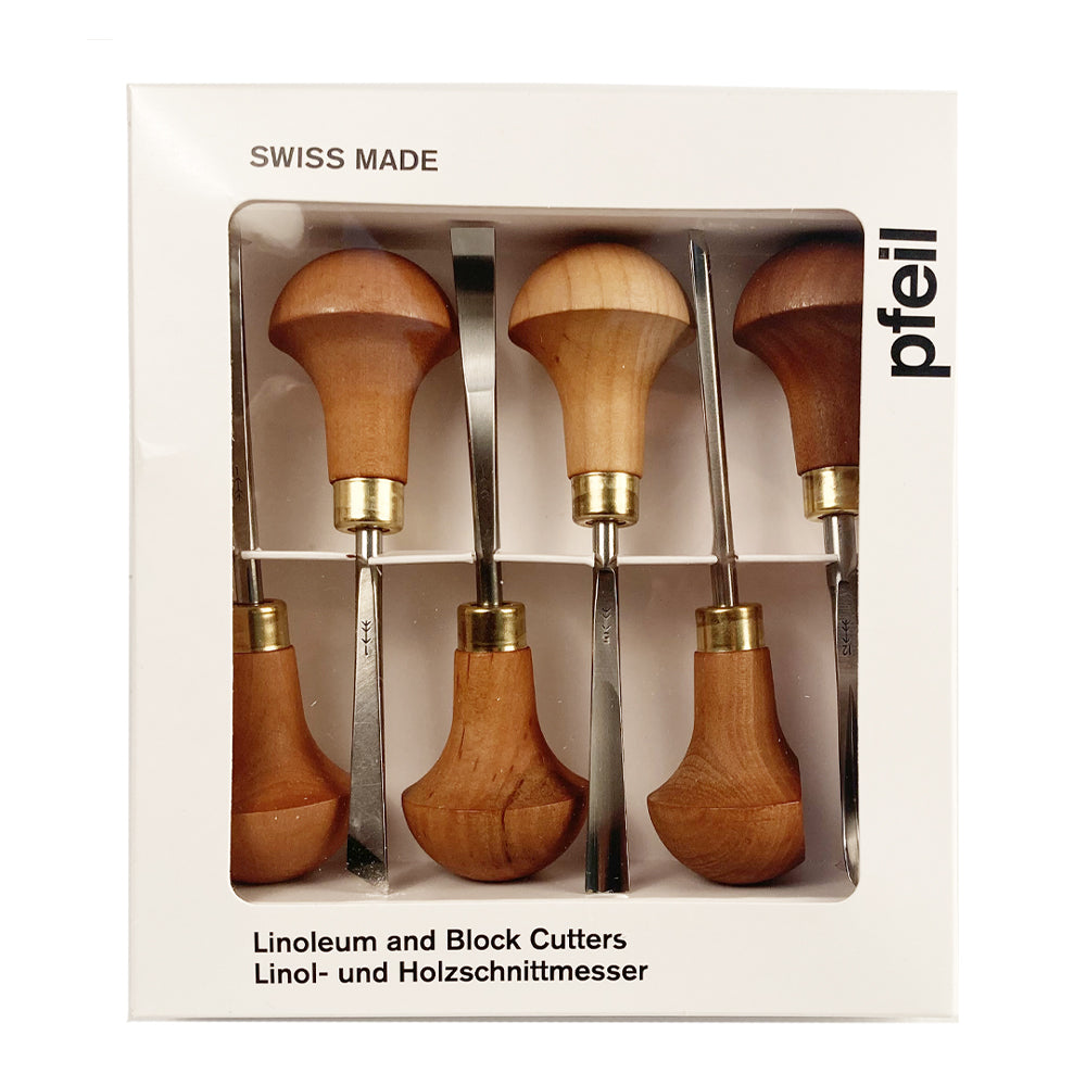 Set of 6 linoleum and wood engraving chisels, series #A - Pfeil. Swiss Made.