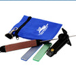 Kit d'affûtage diamant avec pierres rouges, bleues et vertes, sac bleu et support noir